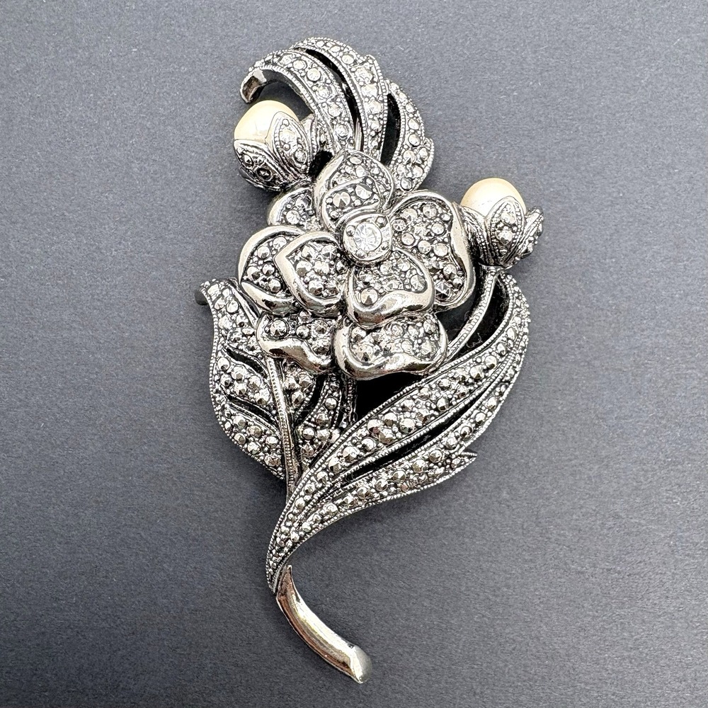 Vintage KJL for Avon Floral Brooch Marcasite Style Faux Pearls Silver Tone 90s